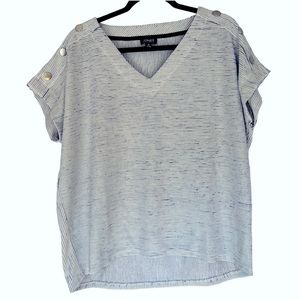 JONES New York V-Neck Grey Ivory Stripe Cap Sleeve Button Shoulder Women SZ XL